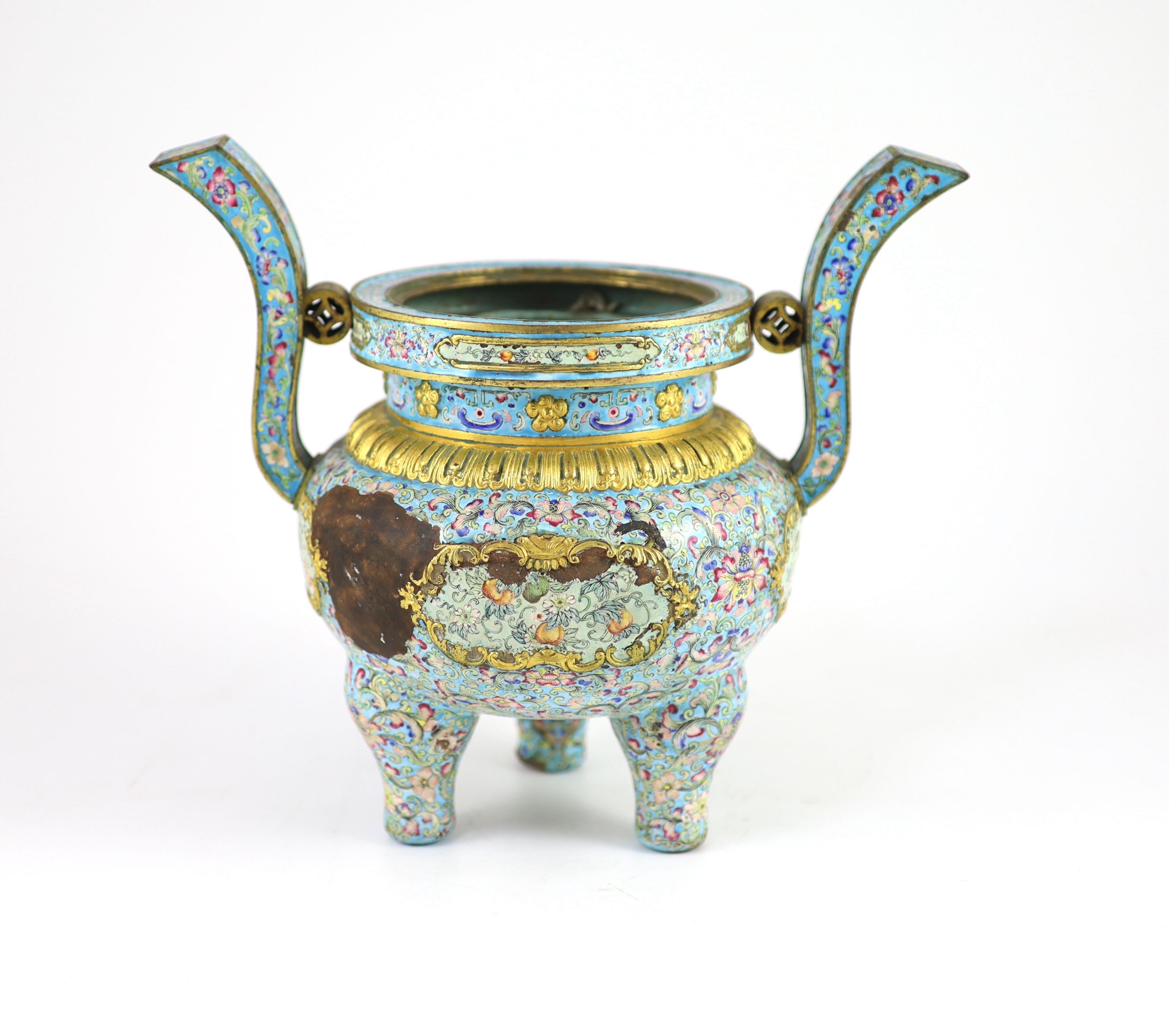 A Chinese Canton enamel tripod censer, Qianlong mark and period (1736-95), 22.5 cm high, 26 cm wide, losses to enamels